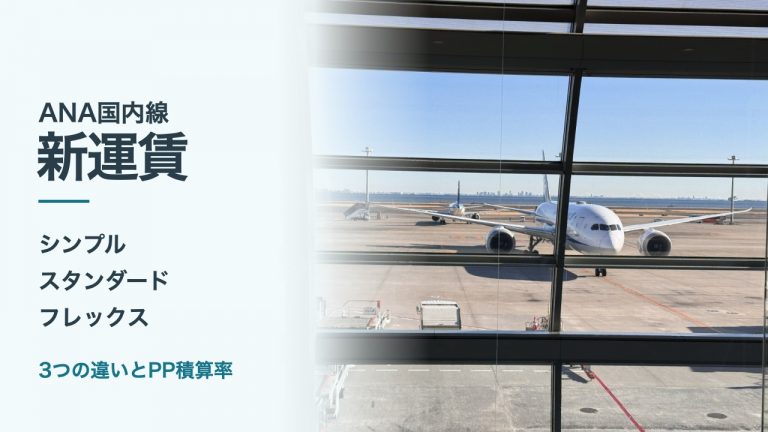 ANA国内線の新運賃、シンプル・スタンダード・フレックスの違いとPP積算率。右側に本人撮影のANA機。